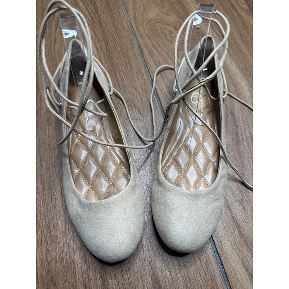 Jessica Simpson Shoes - Jessica Simpson Bingley Beige Faux Suede Lace Up Ankle Tie Ballet Flats Size 9M